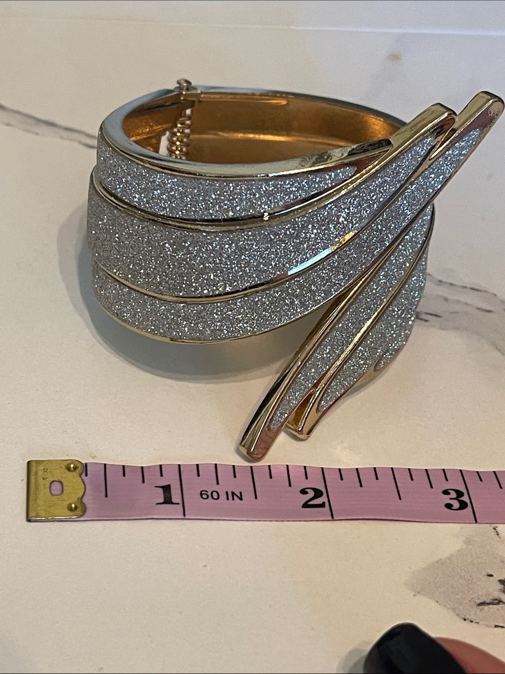 Gold-Tone Silver Glitter Cuff Bracelet - Elegant Women's Jewelry - Picture 5 of 6